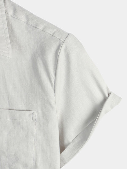 Men's Solid Color Linen Cotton Pocket Casual Short Sleeve Shirt