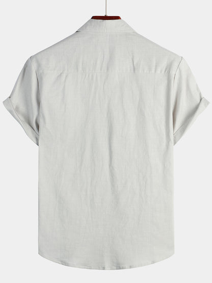Men's Solid Color Linen Cotton Pocket Casual Short Sleeve Shirt