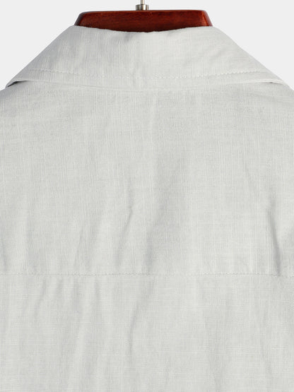 Men's Solid Color Linen Cotton Pocket Casual Short Sleeve Shirt