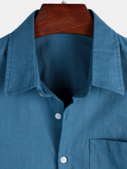 Men's Solid Color Linen Cotton Pocket Casual Short Sleeve Shirt