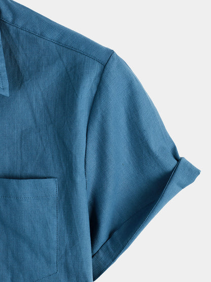 Men's Solid Color Linen Cotton Pocket Casual Short Sleeve Shirt