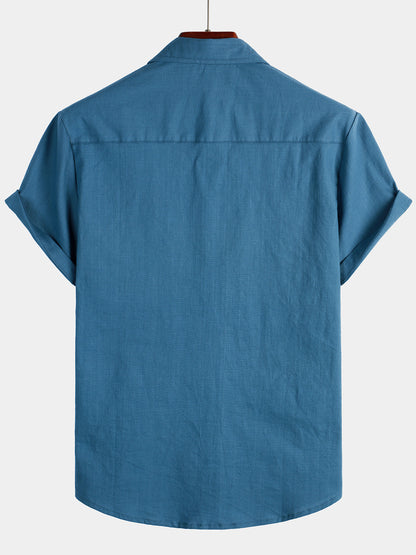 Men's Solid Color Linen Cotton Pocket Casual Short Sleeve Shirt