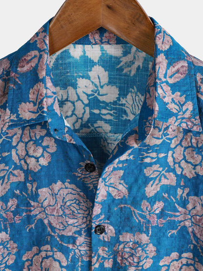 Men's Retro Botanical Print Short Sleeve Button Down Resort Shirt