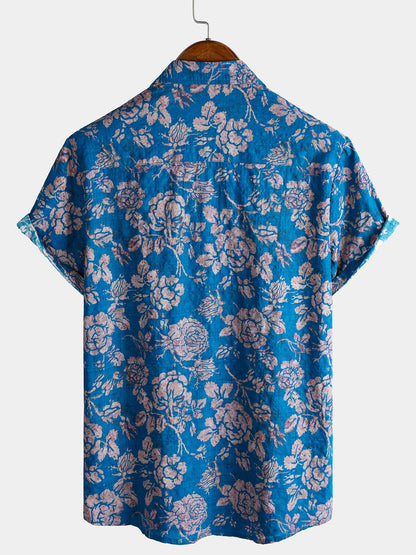 Men's Retro Botanical Print Short Sleeve Button Down Resort Shirt