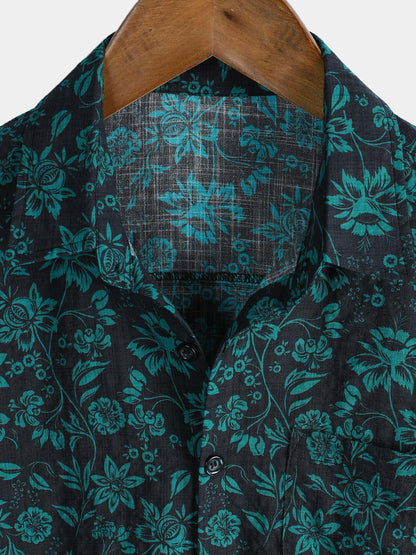 Men's Tropical Botanical Print Short Sleeve Button Down Vacation Resort Shirt