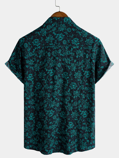 Men's Tropical Botanical Print Short Sleeve Button Down Vacation Resort Shirt
