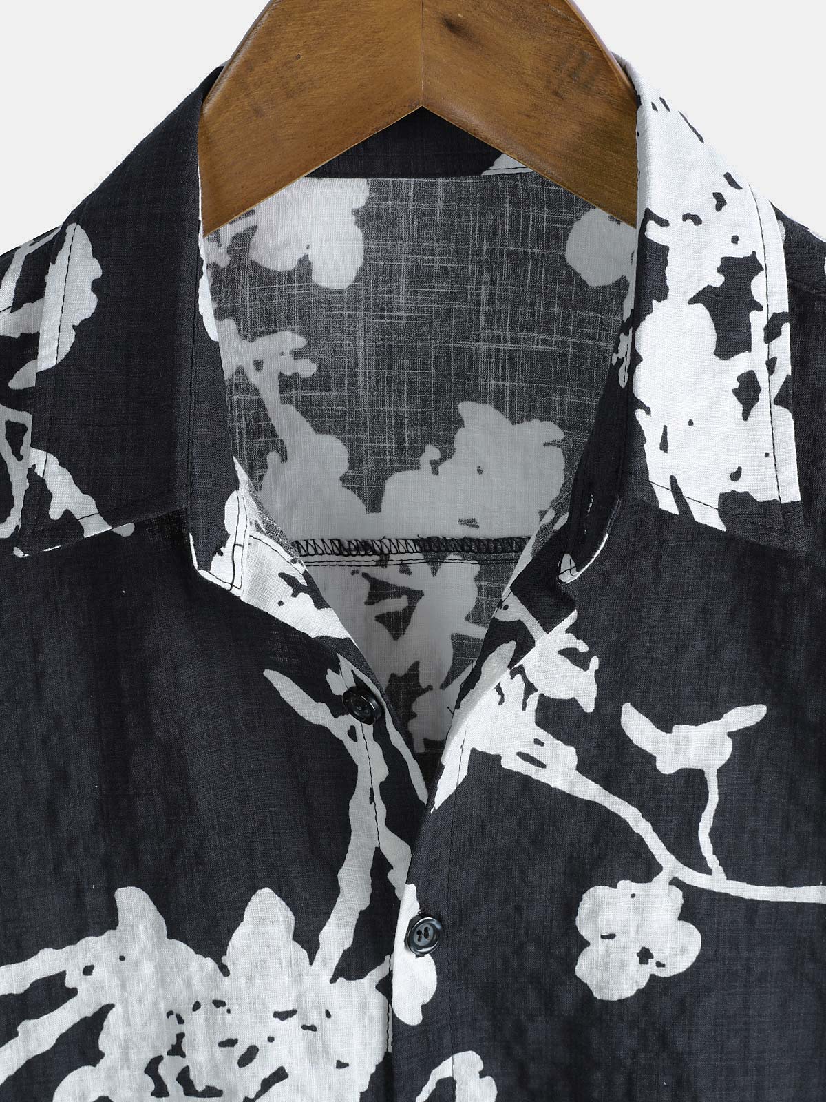 Men's Black and White Hawaiian Floral Breathable Cotton Casual Button Down Shirt