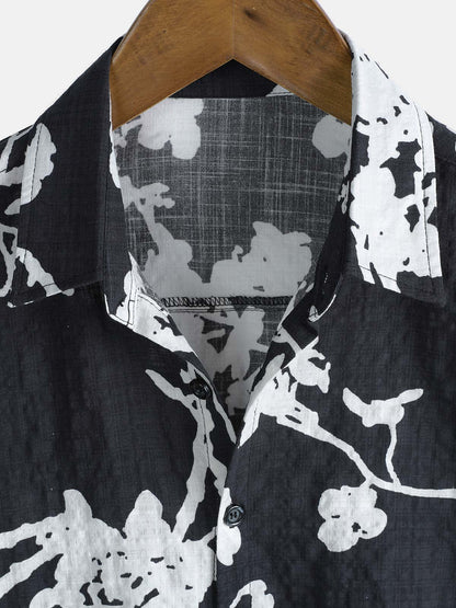 Men's Black and White Hawaiian Floral Breathable Cotton Casual Button Down Shirt