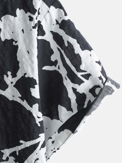 Men's Black and White Hawaiian Floral Breathable Cotton Casual Button Down Shirt