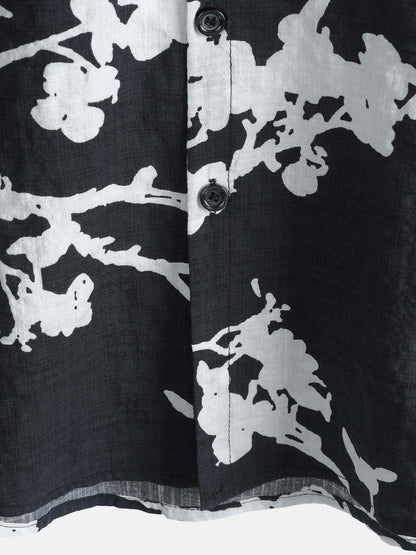 Men's Black and White Hawaiian Floral Breathable Cotton Casual Button Down Shirt