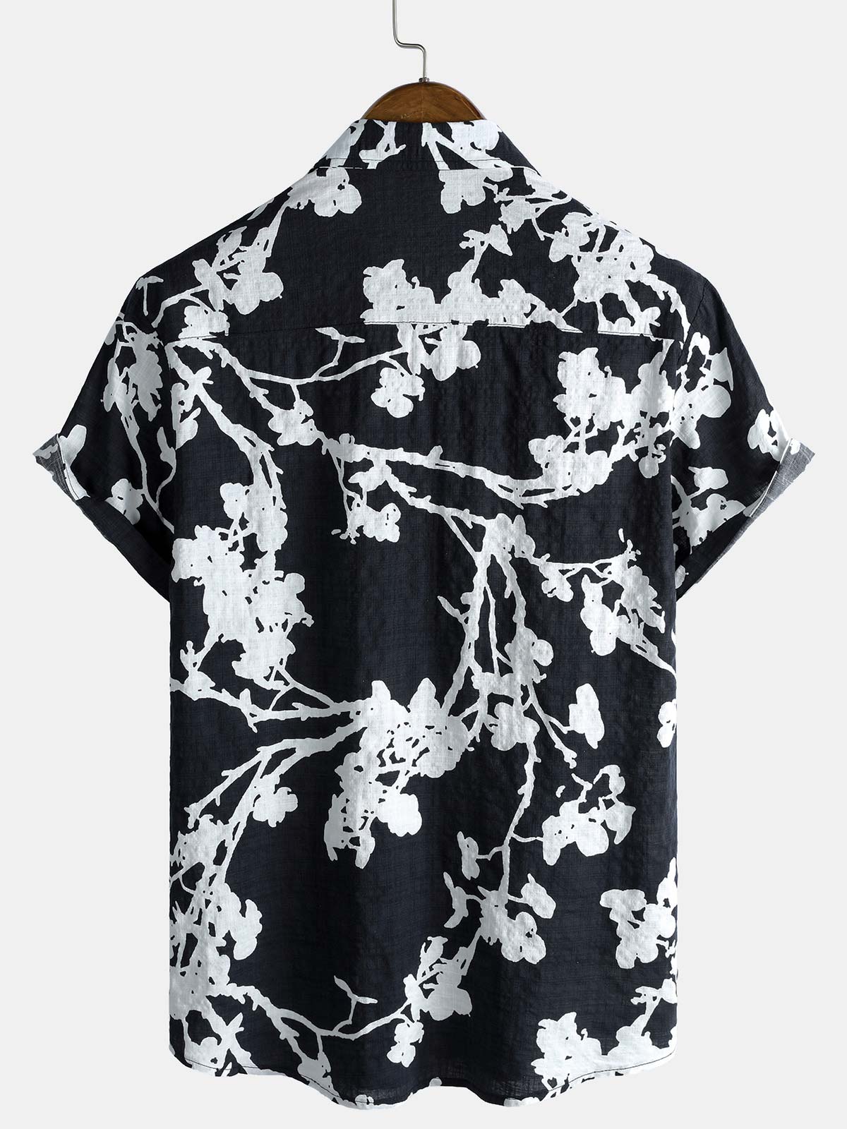 Men's Black and White Hawaiian Floral Breathable Cotton Casual Button Down Shirt
