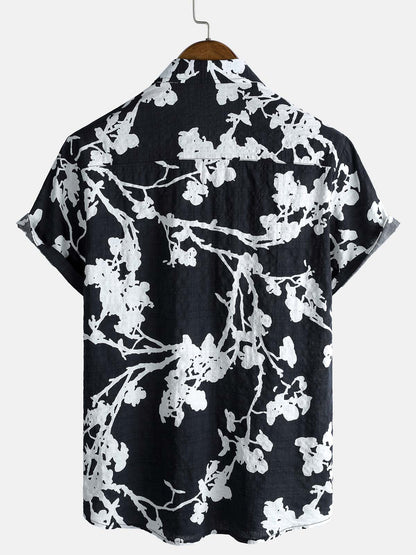 Men's Black and White Hawaiian Floral Breathable Cotton Casual Button Down Shirt