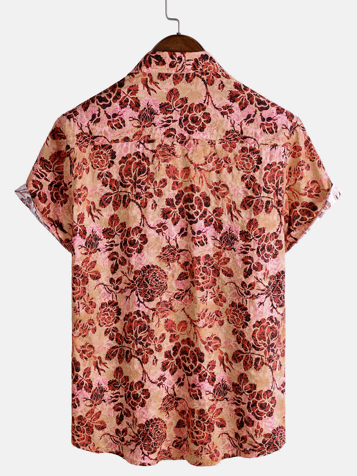 Men's Retro Rose Floral Print Short Sleeve Button Down Vacation Beach Shirt