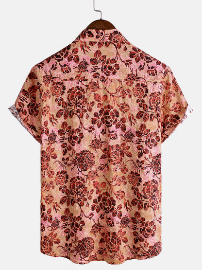 Men's Retro Rose Floral Print Short Sleeve Button Down Vacation Beach Shirt