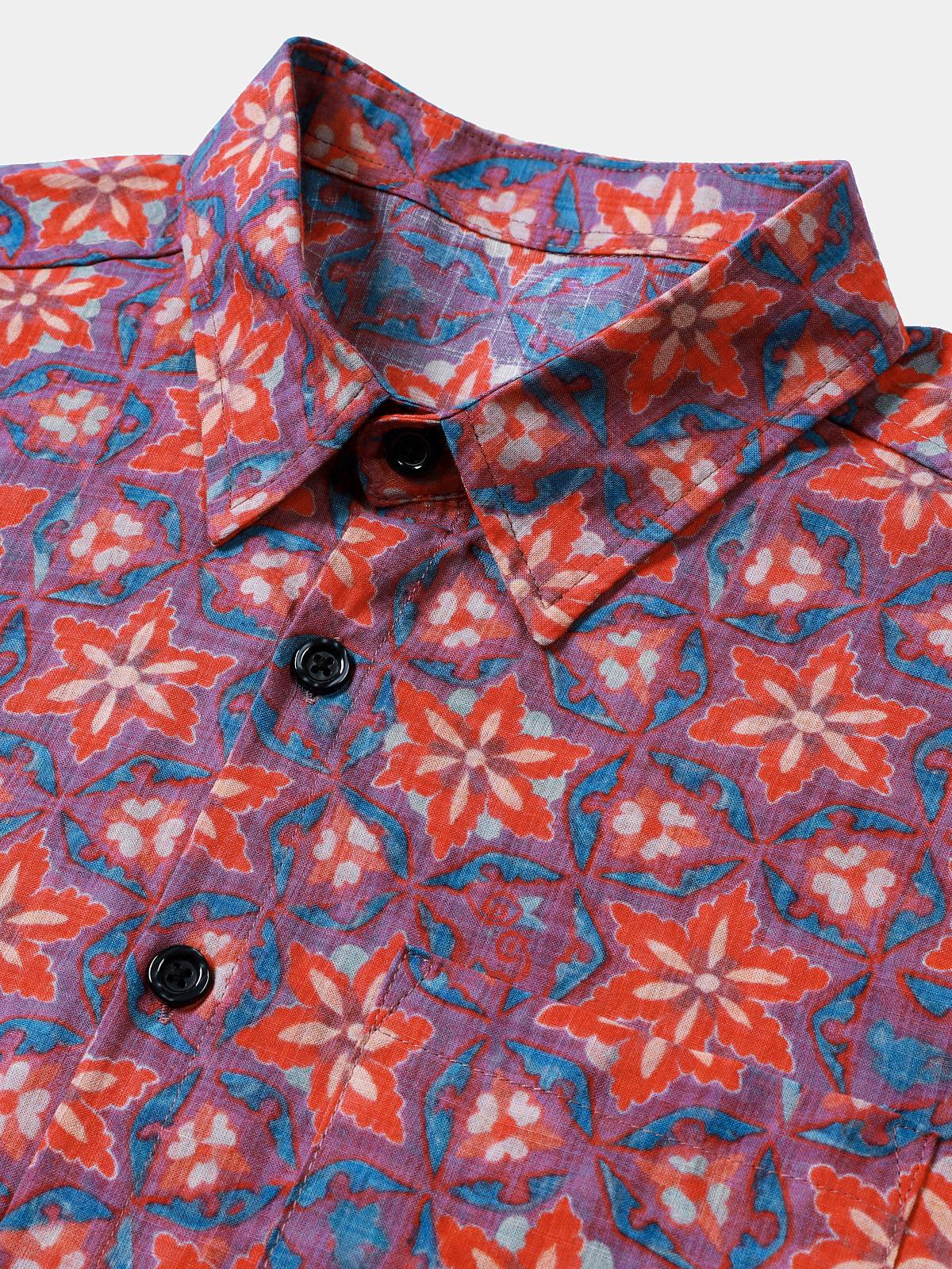 Men’s Vintage Pattern Floral Short Sleeve Lightweight Casual Shirt