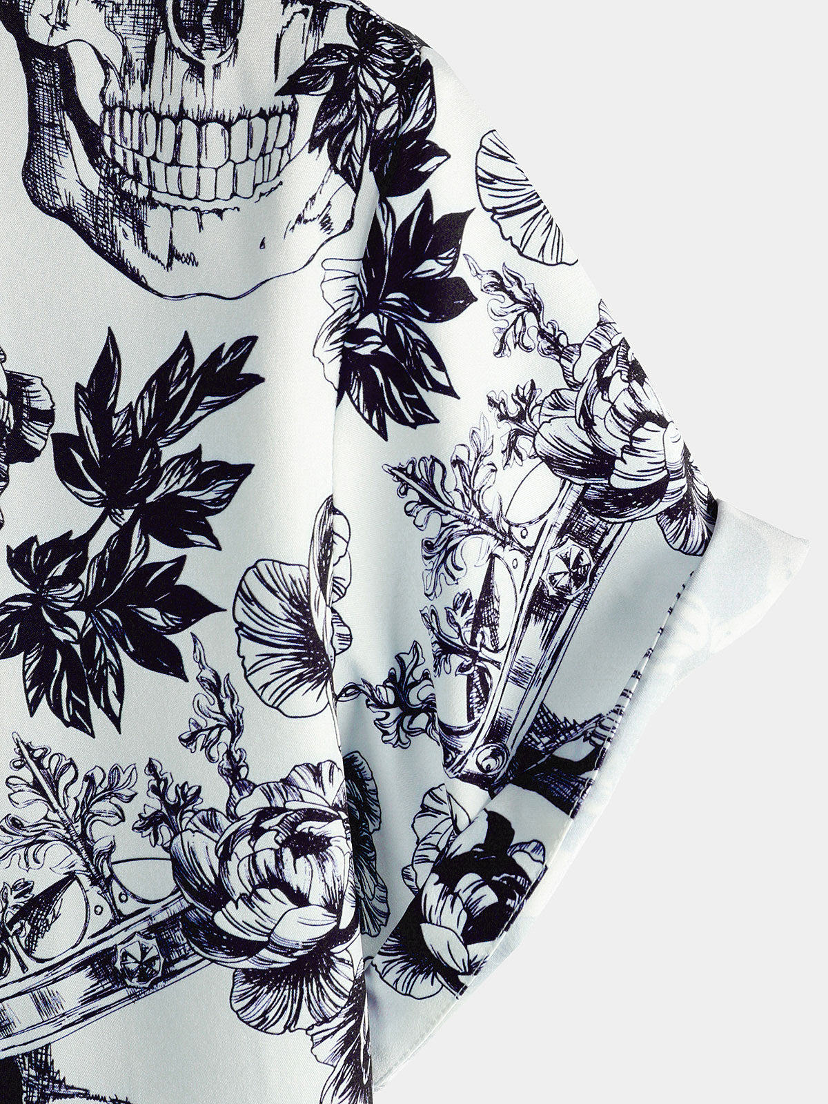 Men's Black Punk Rock Crown Floral Skull Print Short Sleeve Shirt