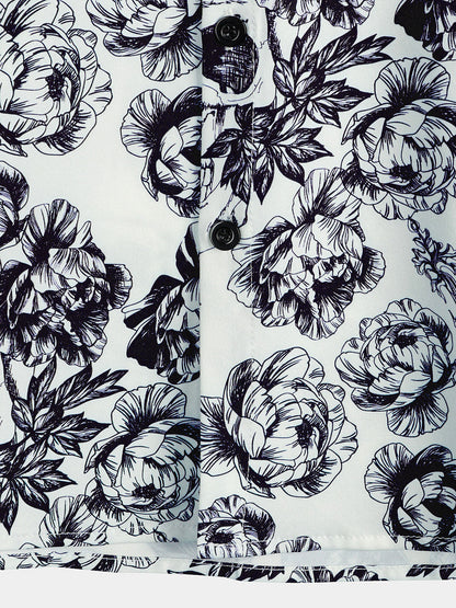 Men's Black Punk Rock Crown Floral Skull Print Short Sleeve Shirt
