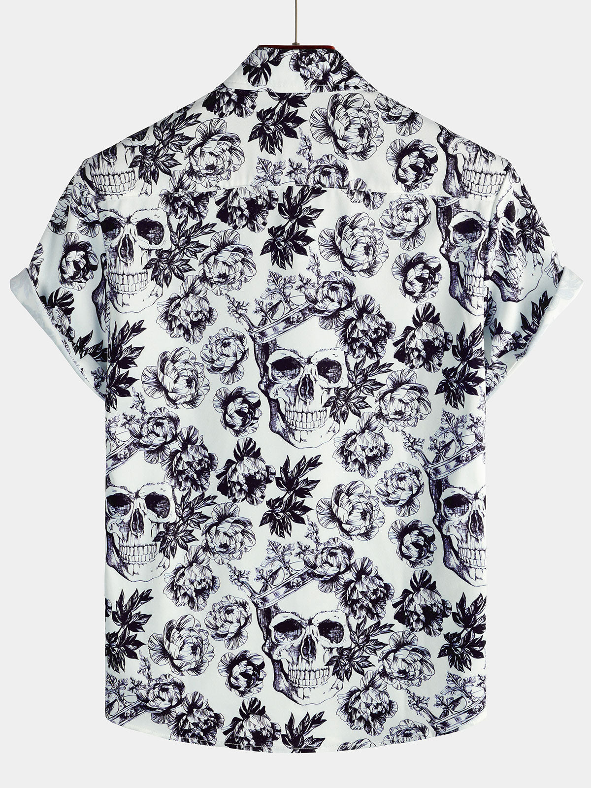 Men's Black Punk Rock Crown Floral Skull Print Short Sleeve Shirt