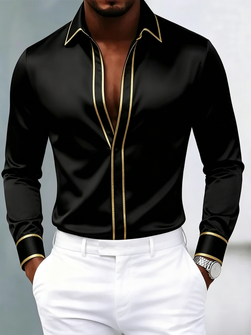 Men's Black Satin Long-Sleeve Shirt