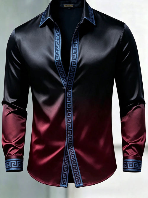 Men's Luxury Glossy Satin Long Sleeve Gradient Black Burgundy Dress Shirt