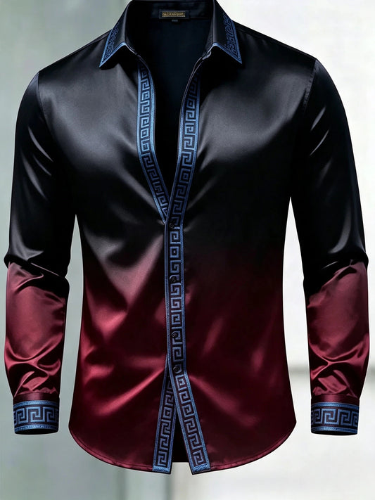 Men's Luxury Glossy Satin Long Sleeve Gradient Black Burgundy Dress Shirt