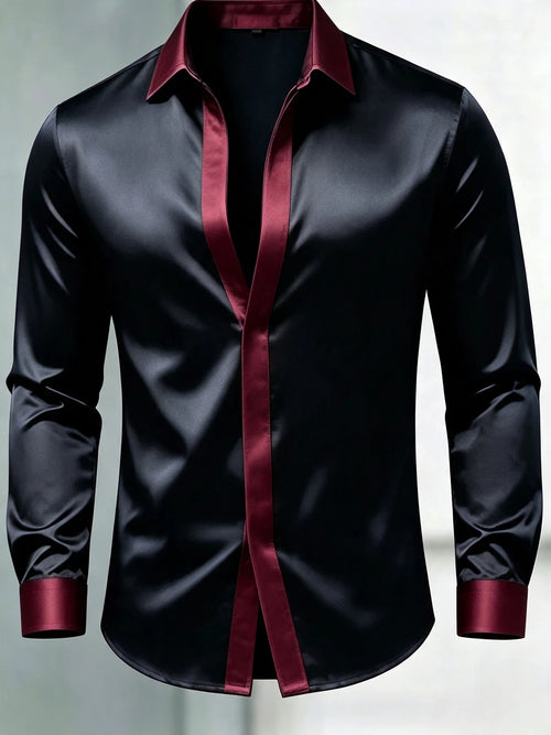 Men's Luxury Glossy Satin Long Sleeve Gradient Burgundy Dress Shirt