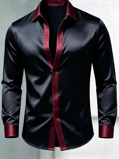 Men's Luxury Glossy Satin Long Sleeve Gradient Burgundy Dress Shirt