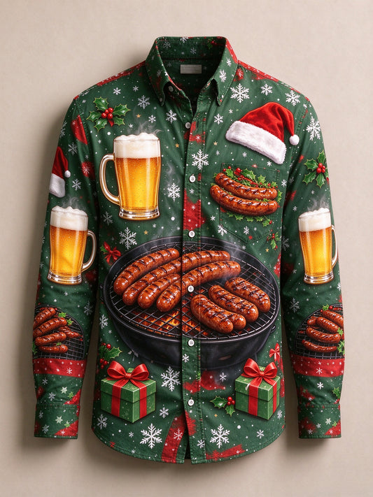 Men's Christmas Beer & BBQ Sausage Long Sleeve Button Up Holiday Shirt