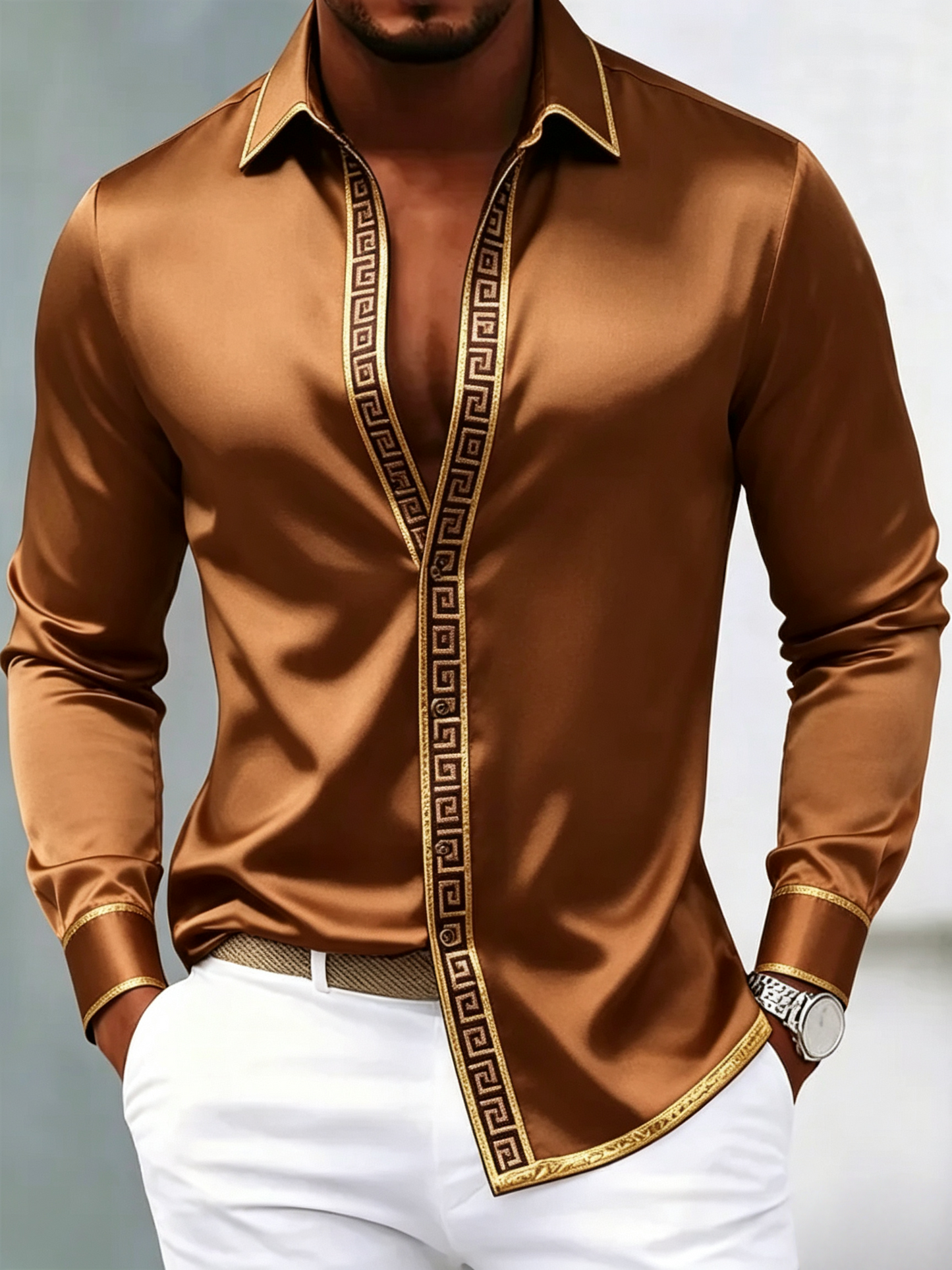 Men's Luxury Glossy Long-Sleeve Shirt Bronze Gold Edge