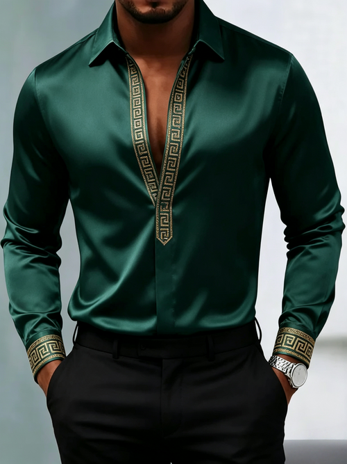 Men's Emerald Gloss Long-Sleeve Shirt Geometric Gold Border