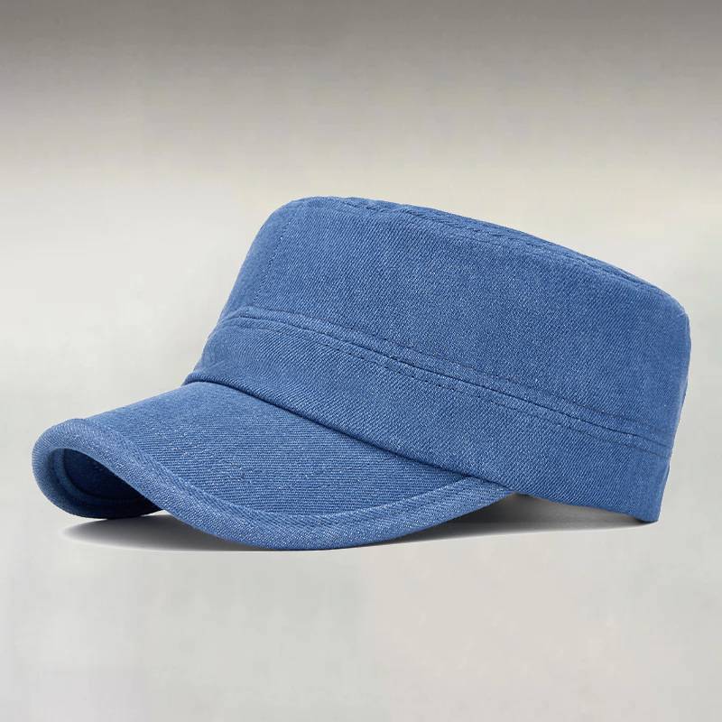 Men's Classic Plain Denim Curved Brim Adjustable Buckle Flat-Top Cadet Cap