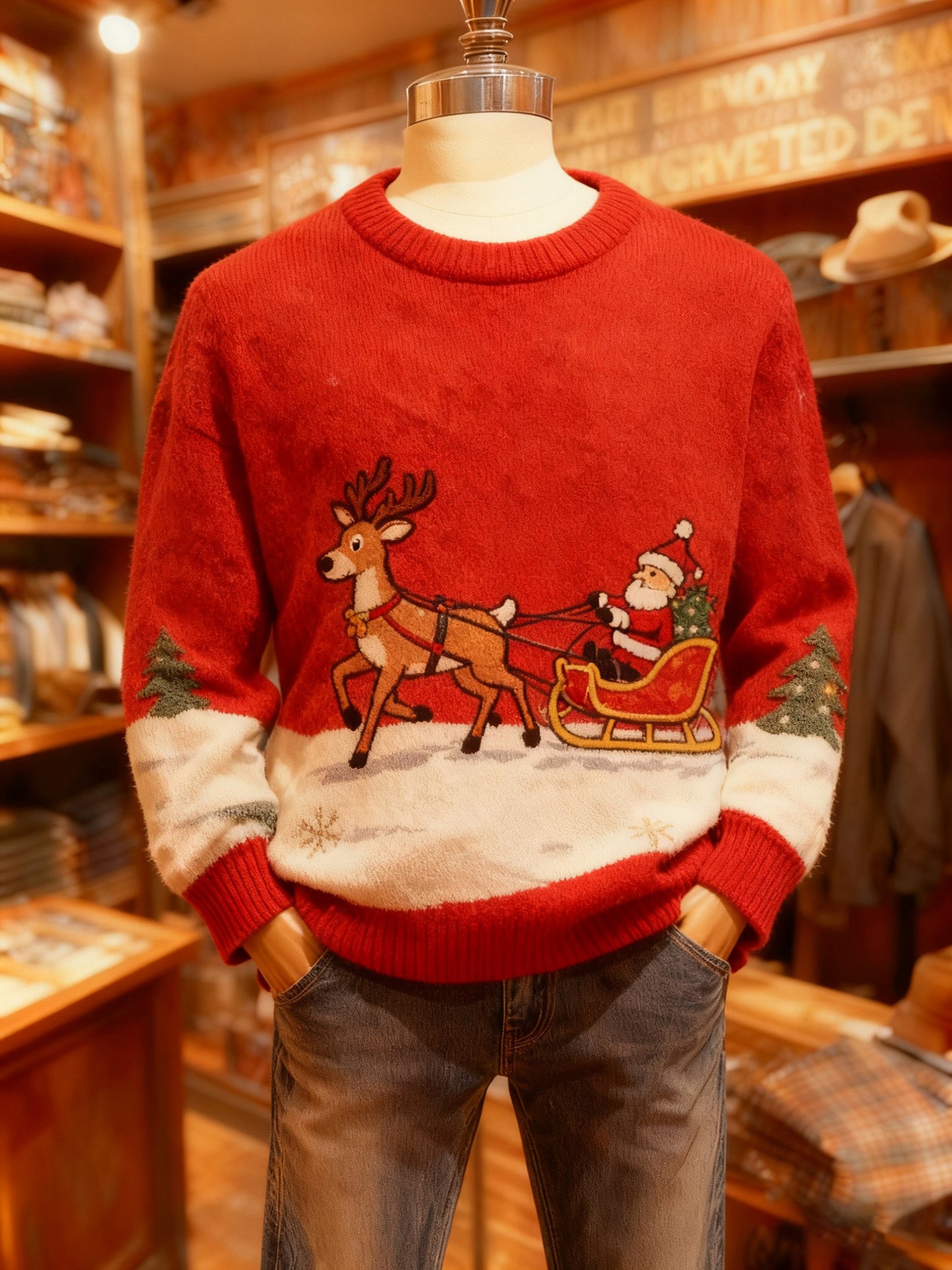 Men's Crew Neck Holiday Print Knit Sweater