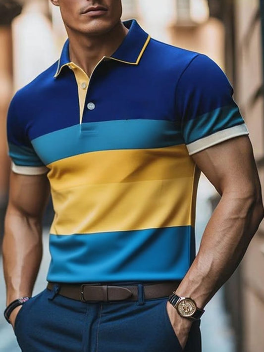 Men's Business Casual Striped Button Short Sleeve Polo Shirt