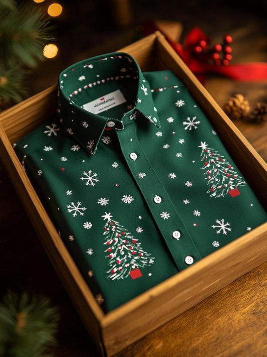 Men's Business Christmas Tree Print Long Sleeve Shirt