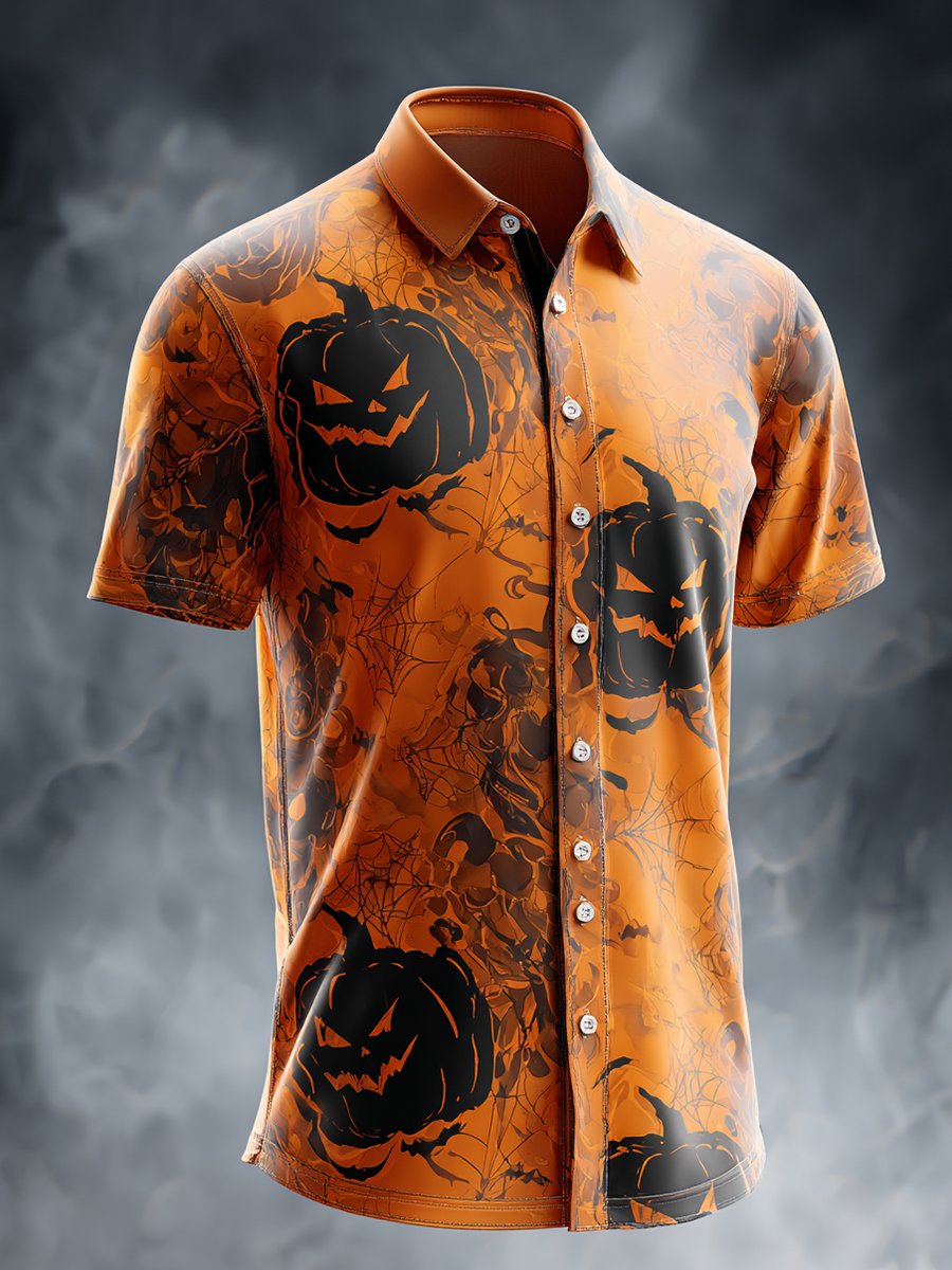 Men's Business Halloween Pumpkin Print Lapel Short Sleeve Shirt