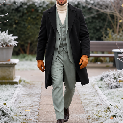 Men's Classic Mid-Length Double-Breasted Wool Blend Coat