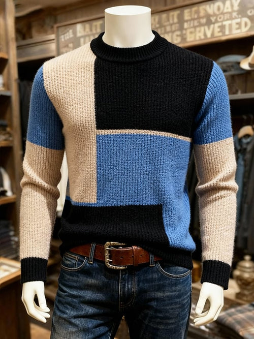 Men'S Warm Ribbed Contrast Color Mid-High Collar Sweater