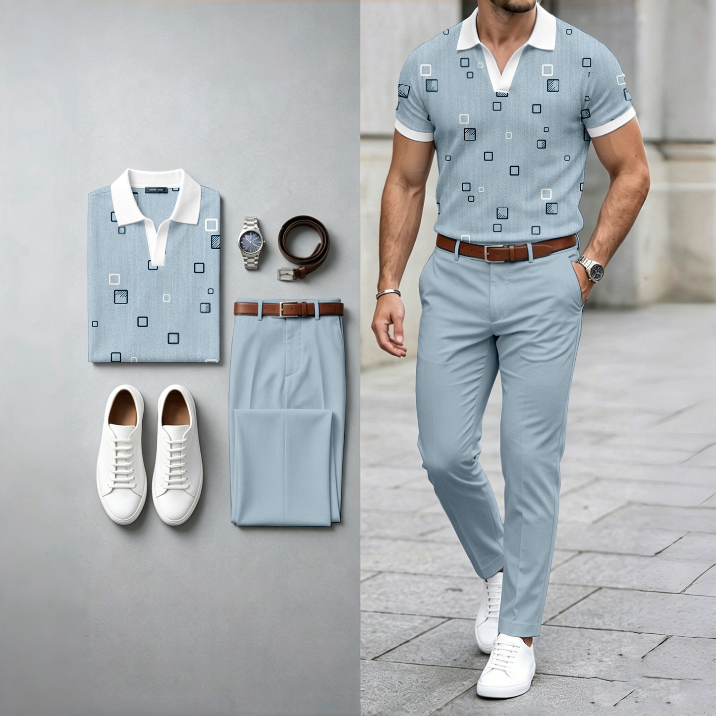 Men's Casual �Musical Notes� Cat-Print Short-Sleeve Polo Shirt And Pants Two-Piece Set (Watch And Belt Not Included)