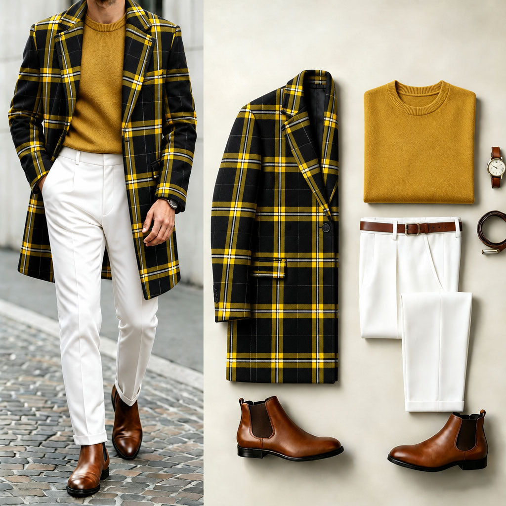 Men's Checkered Print Suit Set: Coat, Knit Sweater, and Pants