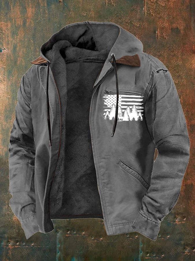 Men's Vintage Fleece Western Flag Elk Print Zip-Up Jacket