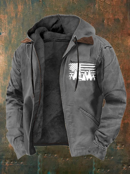Men's Vintage Fleece Western Flag Elk Print Zip-Up Jacket