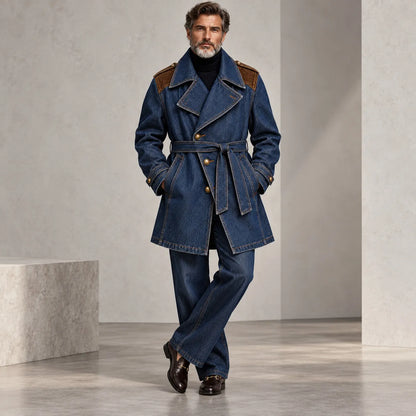 Men's Dark Blue Corduroy Patchwork Lapel Collar Single Breasted Belted Denim Trench Coat