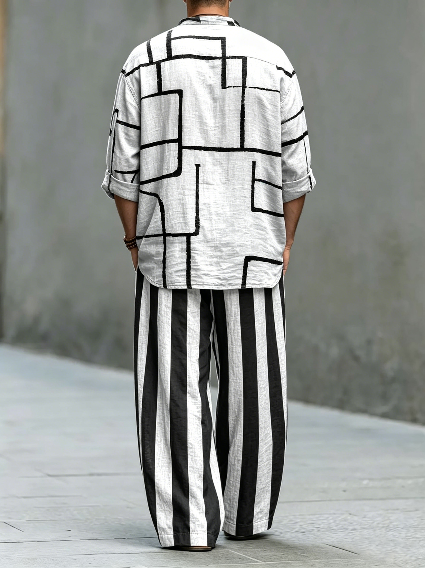 Men's Abstract Geometric Stripes Art Print Cotton Shirt Set