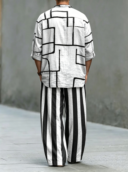 Men's Abstract Geometric Stripes Art Print Cotton Shirt Set