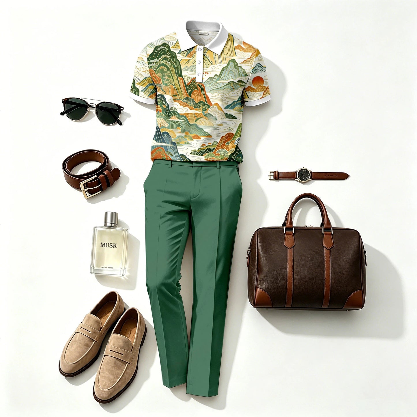Men's Casual Green Mountain Printed Polo Shirt And Pants Two-Piece Set