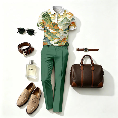 Men's Casual Green Mountain Printed Polo Shirt And Pants Two-Piece Set