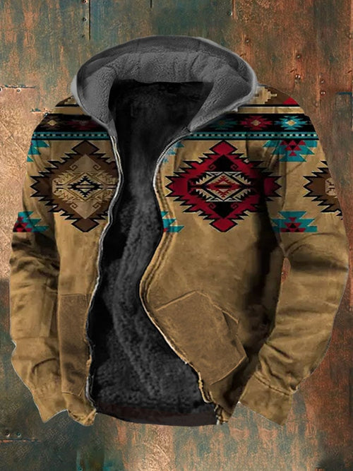 Men's Retro Western Print Velvet Zip Outerwear