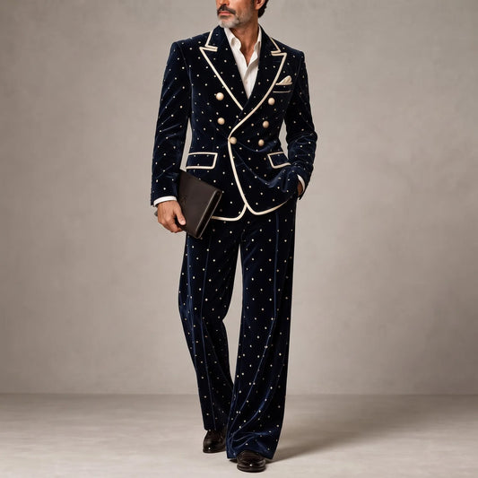 Men's Navy Blue Velvet Polka Dot Print Contrast Piping Double-Breasted Peak Lapel Blazer & Pants 2Pcs Suit