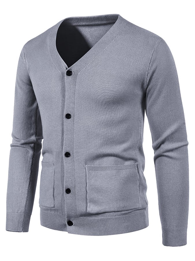 Men's Fashionable Pocket Button Design V-Neck Solid Color Sweater Jacket