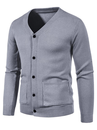 Men's Fashionable Pocket Button Design V-Neck Solid Color Sweater Jacket